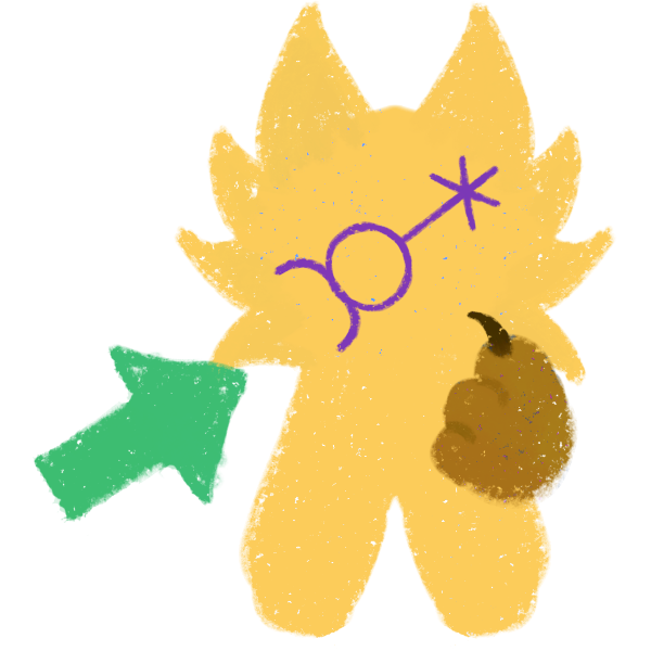 A simplified illustration with a golden, rounded figure with large pointed ears resembling a stylized animal or plush toy. A purple, astronomical symbol associated with non-binary identity is drawn on the face. The figure is holding up a paw pointing to itself, with a green arrow indicating the action. The illustration has a rough, textured appearance. The figure's left paw is purple, while the right paw is gold.